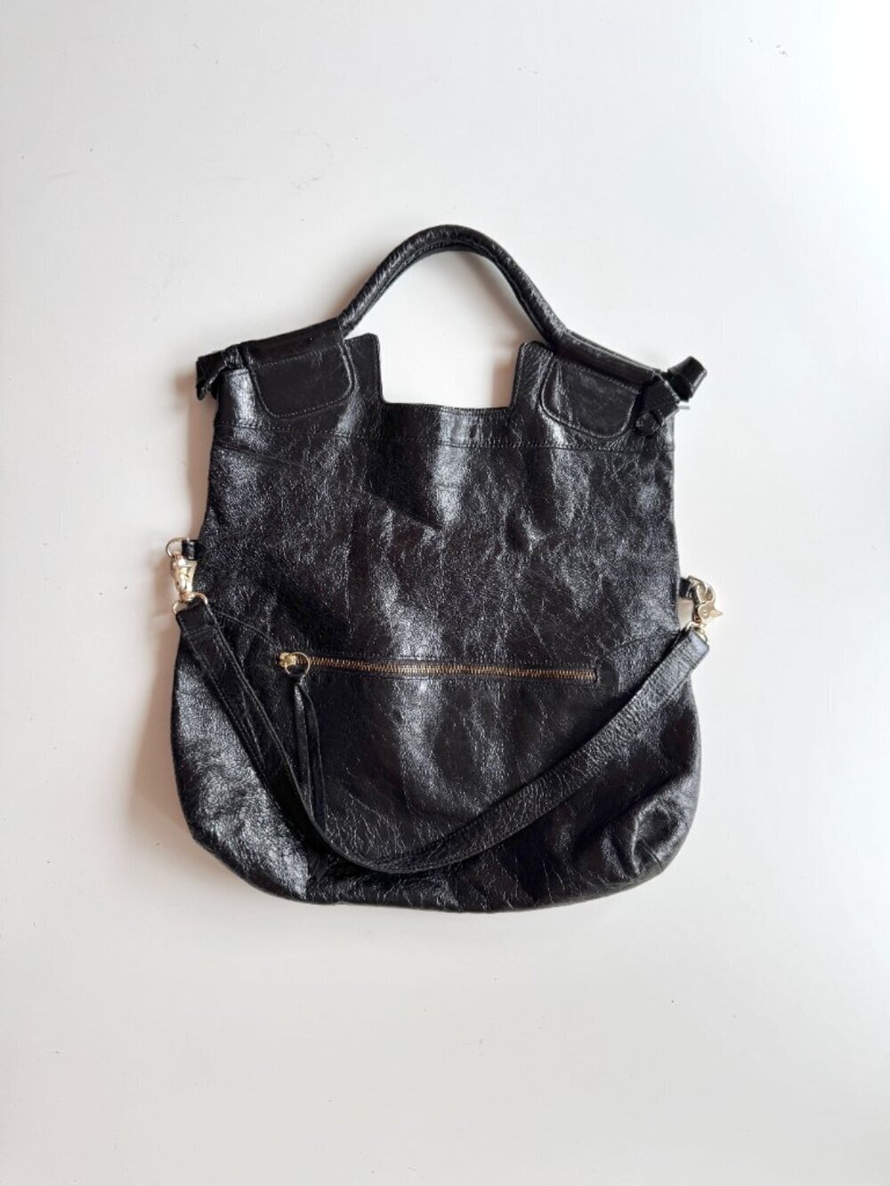 FOLEY + CORINNA Mid City Black Crinkle Leather Foldover Crossbody Bag Purse